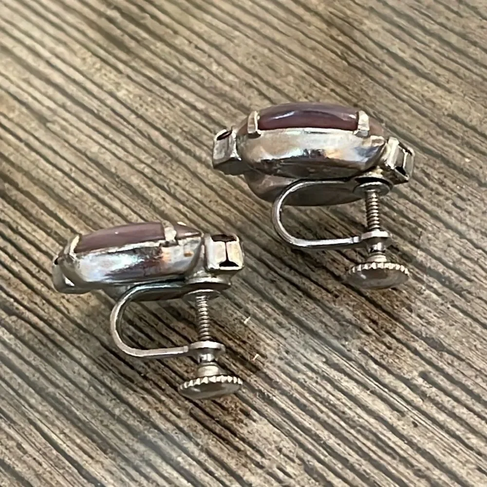 Vintage Clip Earrings Purple Cats Eye & Rhinestones